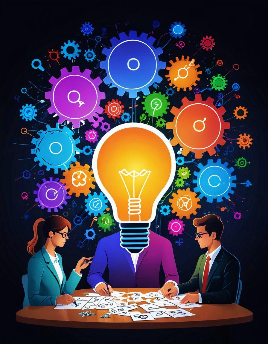 A visually captivating scene showcasing a diverse group of people engaged in solving puzzles and brain teasers, illustrating various cognitive skills. In the background, a flowchart with IQ metrics and performance graphs emerges from a colorful explosion of thoughts and ideas. The focal point is a glowing lightbulb symbolizing insight and intelligence, surrounded by vibrant gears and cogs that represent cognitive processes. The overall ambiance is dynamic and inspiring. vibrant colors. super-realistic.